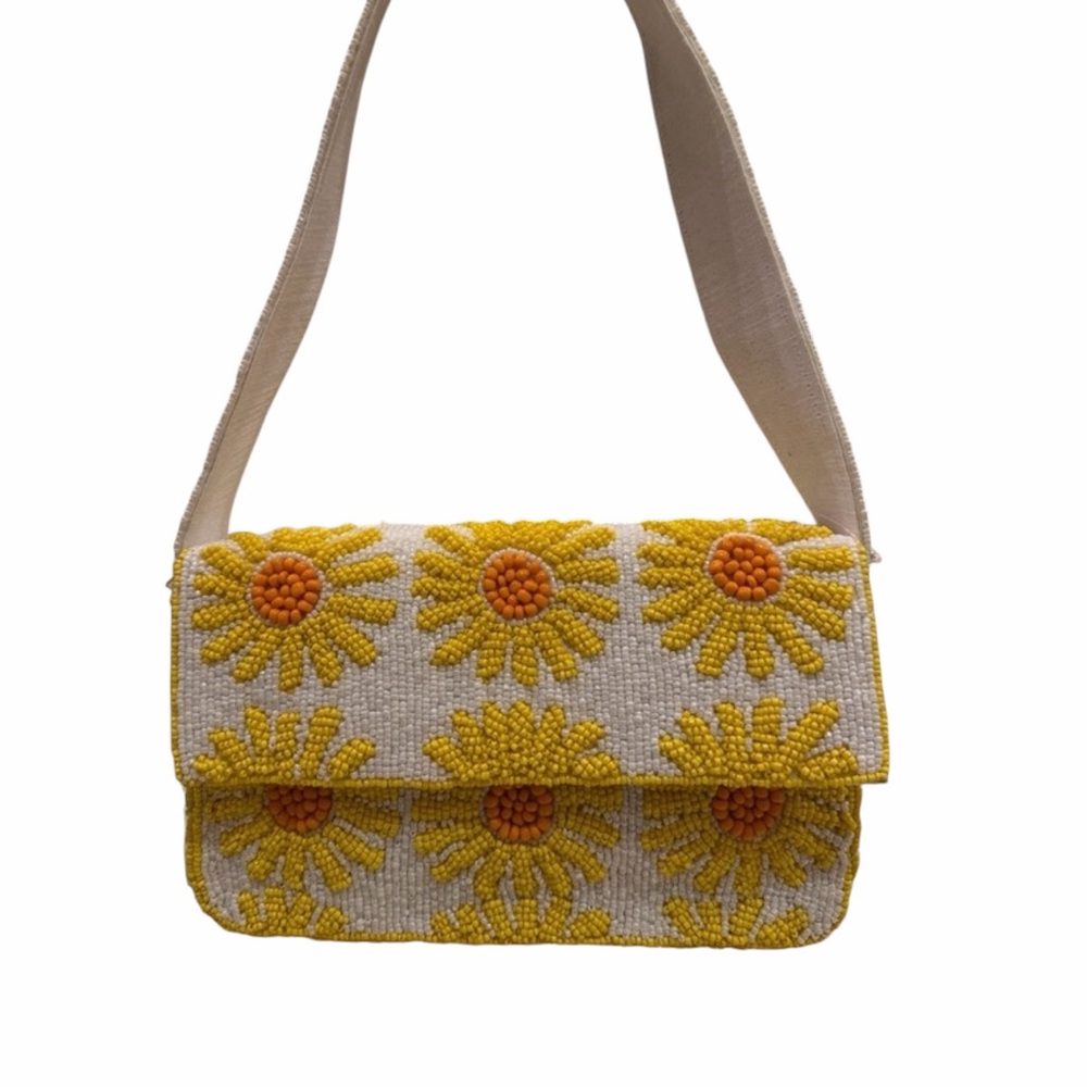 Sunflower Beaded Shoulder Bag - Yellow and White